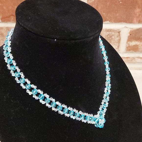 Hand made Sky Blue and Clear Crystal Necklace - Picture 2 of 8
